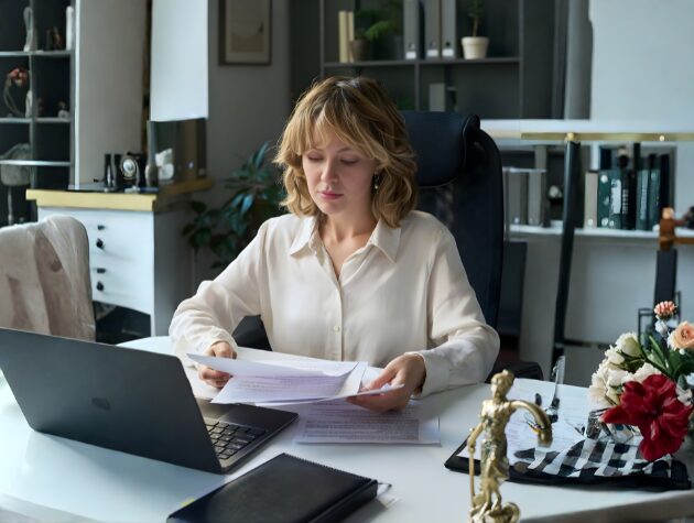 Defense counsel reviewing documents during ESI protocol negotiations in a corporate office